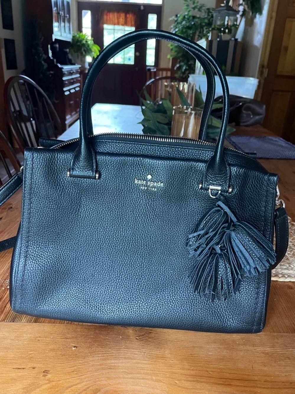 kate spade Black Pebble Leather Satchel with Tassel